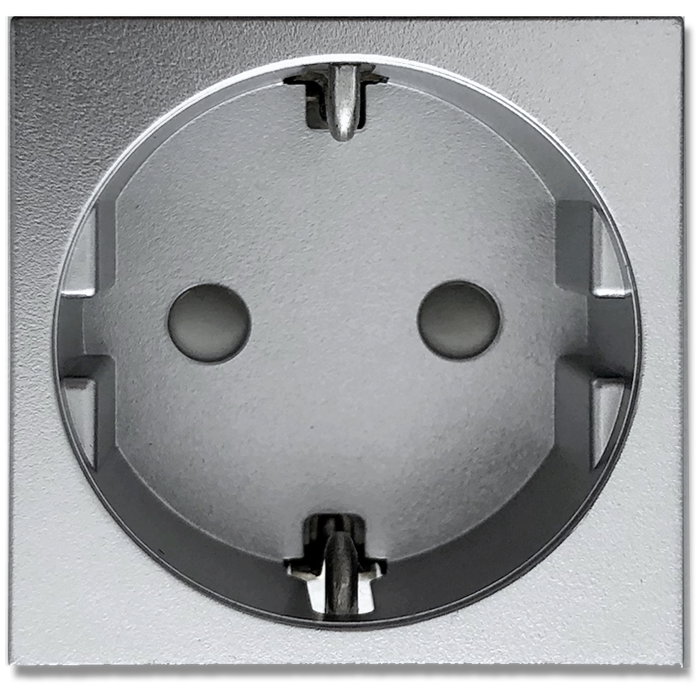 Schuko socket insert (type F). Silver-coloured. For square frame cut-outs.